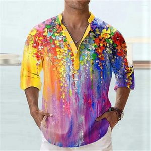 Camisas casuales para hombres jalón de estampado floral estampado de estampado de collar medio botón abierto camisa de moda lujosa lujosa y suave ropa suave