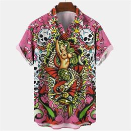 Chemises décontractées pour hommes Punk Sirène Crâne 3D Imprimer Blouses Mode Hawaïenne Court Slve Casual Chemises De Vacances Pour Hommes Vêtements Hip Hop Y2k Beach Tops Y240506