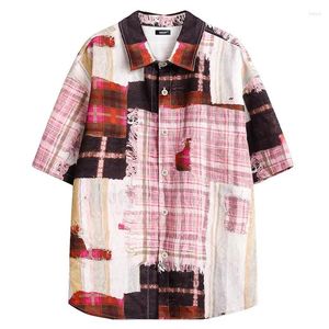 Casual shirts voor heren punkstijl hiphop geplooide harakuju vintage streetwear patchwork knop omhoog blouse voor mannelijk