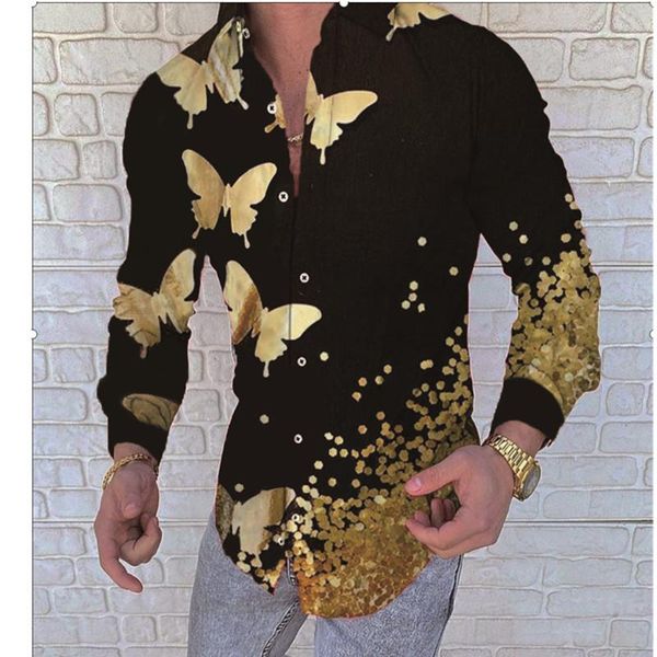 Camisas informales para hombre, estilo Punk, satén de seda, estampado de mariposa dorada, solapa para hombre, ajustada, manga larga, camisa de fiesta de flores, Tops