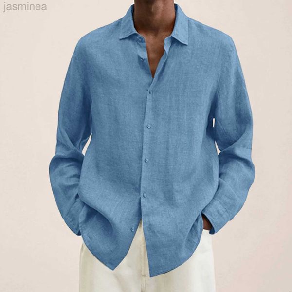 Chemises décontractées pour hommes chemises en lin en coton bleu pur tops décontractés de chemises en vrac taille baisse collier à manches longues travaillent cardigan respirant 2449