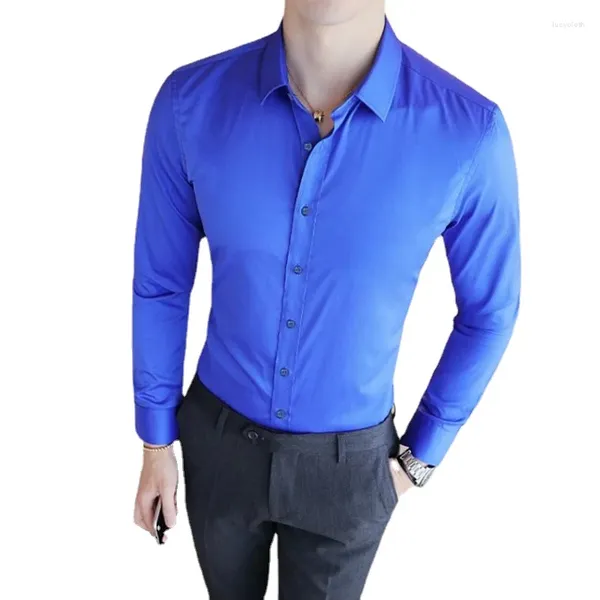 Camisas casuales para hombres Color puro Negocios Formal Camisa de manga larga Negro Blanco Azul Real Moda Hombres simples Fiesta de boda social Vestido de novio