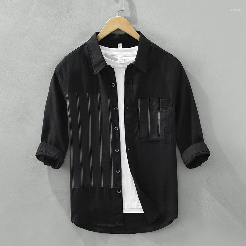 メンズカジュアルシャツピュアリネンストライプパッチワークシャツ男性ブラックファッションターンダウンカラー3クォータースリーブトップス