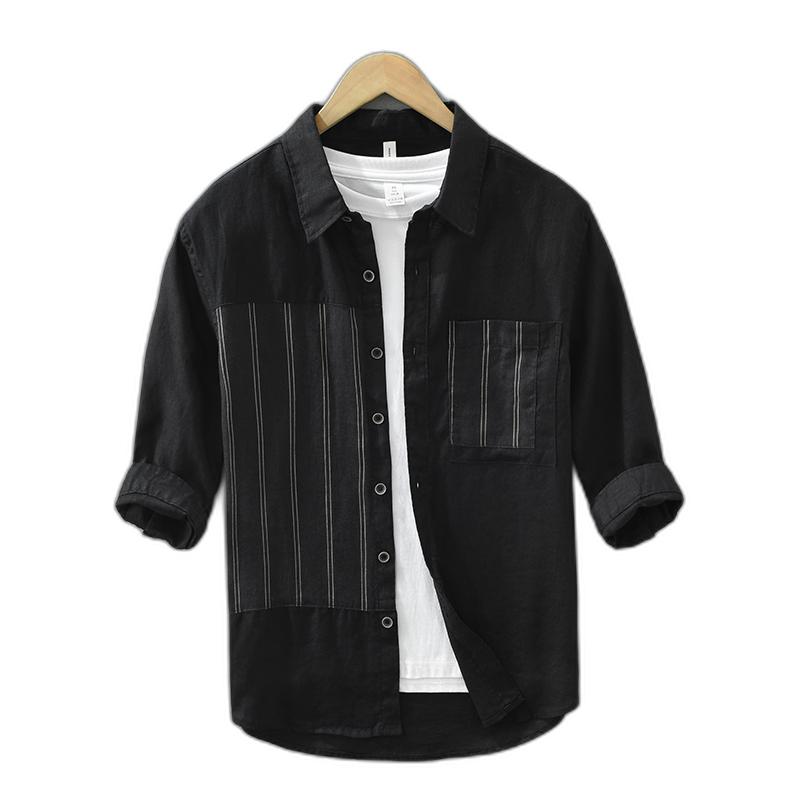 Men's Casual Shirts Pure Linen Striped Patchwork Shirt For Men Black Fashion Turn-down Collar Three Quarter Sleeve Tops