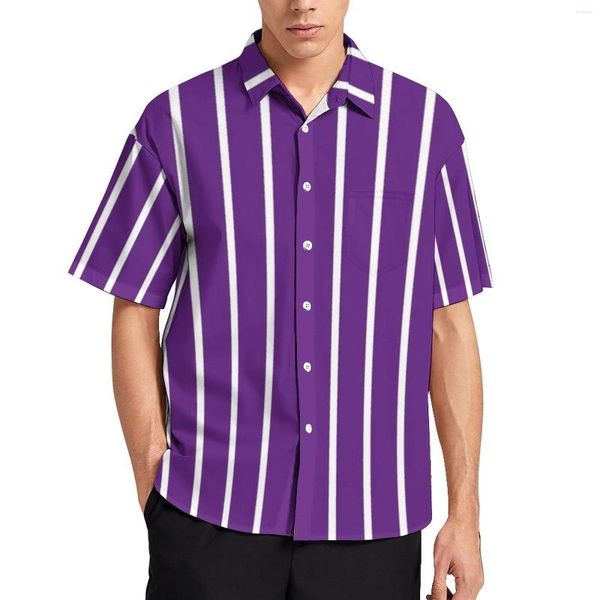 Camisas informales para hombre, camisa hawaiana con estampado de rayas verticales a rayas moradas y blancas, blusas de moda de manga corta para hombre 3XL 4XL