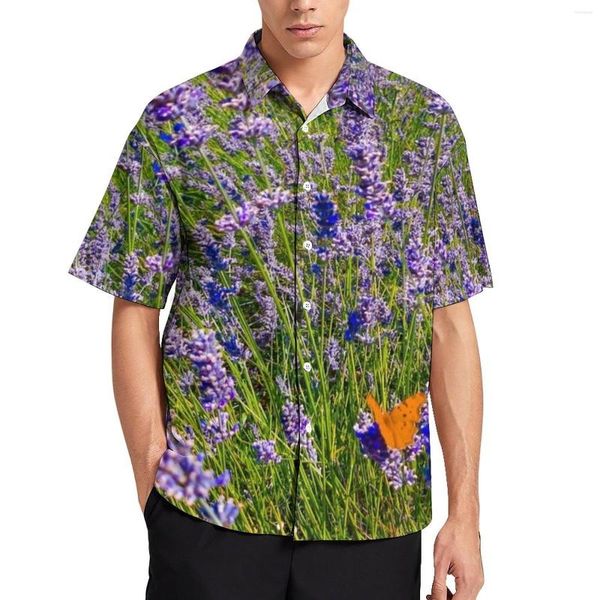 Chemises décontractées pour hommes violet lavande chemise champ Nature plante plage lâche Hawaii Blouses à manches courtes vêtements surdimensionnés personnalisés