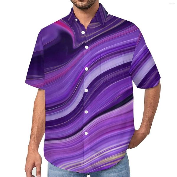 Chemises décontractées pour hommes Chemise en marbre violet Abstrait Liquid Print Beach Loose Hawaiian Cool Blouses Manches courtes Graphique Vêtements surdimensionnés