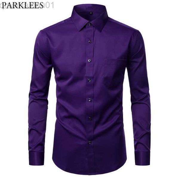 Camisas casuales de los hombres Camisas de vestir para hombre púrpura Camisa de trabajo de boda de oficina elástica de fibra de bambú Slim Fit sin hierro Cuidado fácil Formal Chemise Homme L230721