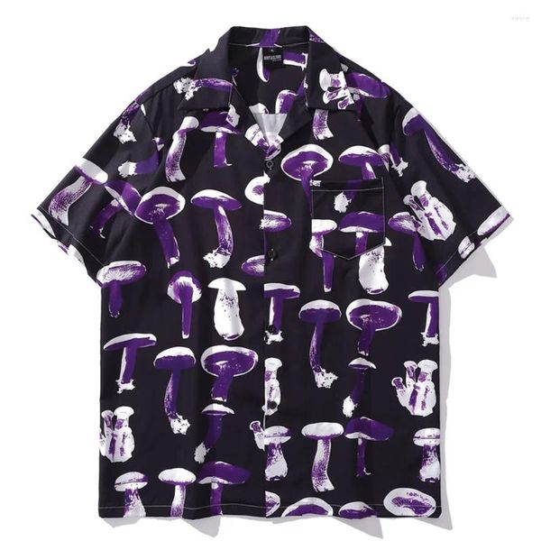 Camisas casuales para hombres Púrpura Mushroon Impresión completa Hawaii Hombres Verano Manga corta Top masculino