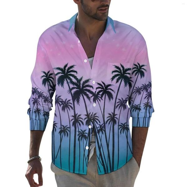 Chemises décontractées pour hommes Purple Palm Trees Street Style Chemise Homme Beach Sunset Spring Cool Blouses Manches longues Personnalisé Surdimensionné Vêtements