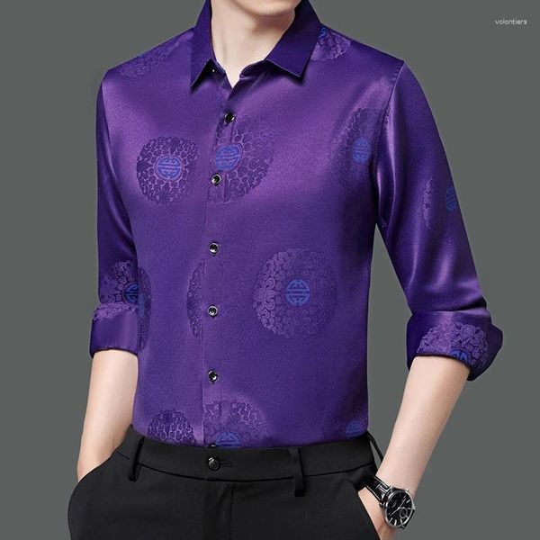 Chemises décontractées pour hommes Purple Smooth Satin Vêtements élégants pour hommes Robe de soirée de mariage Gentleman Social Raisins Couleur Business Blouse Élastique