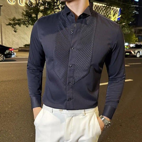 Camisas casuales para hombres de calidad de banquete de banquete de ala francesa manga larga para hombres ropa de moda acordeo pliegue de ajuste social Camisa social