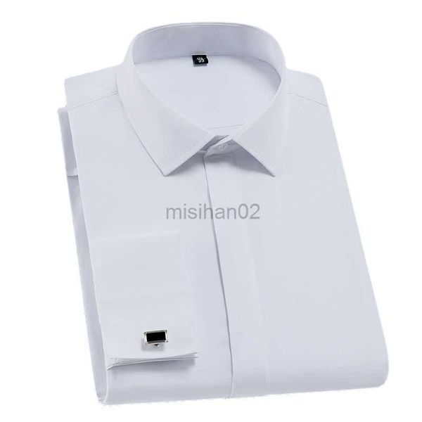 Camisas casuales de los hombres Camisas de vestir de boda del partido formal del puño francés clásico de los hombres de calidad Camisa de esmoquin blanca de manga larga sin bolsillo con gemelos HKD230725