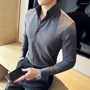 Camisas casuales para hombres Calidad Seersucker Tela Vestido de manga larga para hombres Ropa 2023 Moda V Cuello Slim Fit Ropa formal Tuxedo 4XL-M