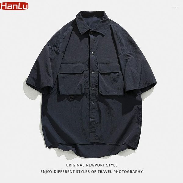 Camisas casuales de los hombres de secado rápido de manga corta de los hombres de colores sólidos sueltos de verano pareja bolsillos simples de moda Harajuku Chemise Homme camisetas blancas