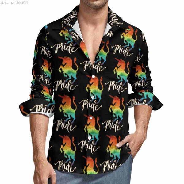 Chemises décontractées pour hommes Arc-en-ciel Licorne Chemise Automne Fierté Lettre Imprimer Chemises Décontractées Hommes Nouveauté Blouses À Manches Longues Graphique Streetwear Tops Plus La Taille L230721