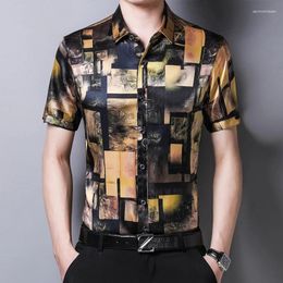 Chemises décontractées pour hommes Véritable soie pour hommes à manches courtes 90% Mulberry Chemise d'été Vêtements Floral Satin Mince FCY