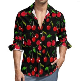 Chemises décontractées pour hommes Cerises rouges Imprimer Hommes Feuilles vertes Chemise à manches longues Mode Street Blouses Automne Vêtements Grande Taille 3XL 4XL