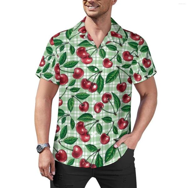 Chemises décontractées pour hommes Red Cherry Blouses Mens Green Plaid Print Hawaii Short Sleeve Graphic Y2K Oversized Vacation Shirt Gift