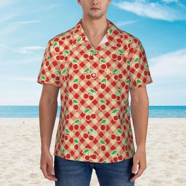 Chemises décontractées pour hommes Chemise à imprimé cerise rouge Vintage Plaid Lâche Hawaii Homme Manches courtes Plage Y2K Street Graphic Blouses surdimensionnées
