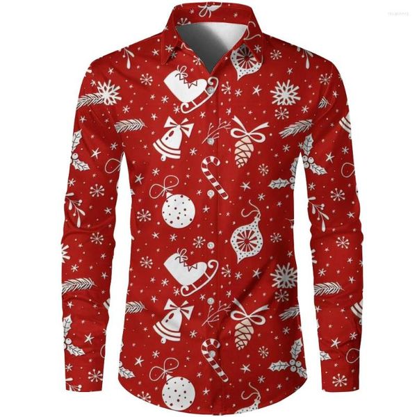 Camisas informales para hombre, diseño de vacaciones de Navidad creativo rojo, botón de solapa de manga larga para hombre, estampado, moda clásica, cómoda