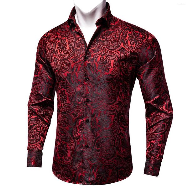 Chemises décontractées pour hommes Rouge Floral Paisely Luxe Pour Homme Club Wear Soie Hommes Chemise Haute Quailty Manches Longues Singal Breasted Printemps Automne Mâle