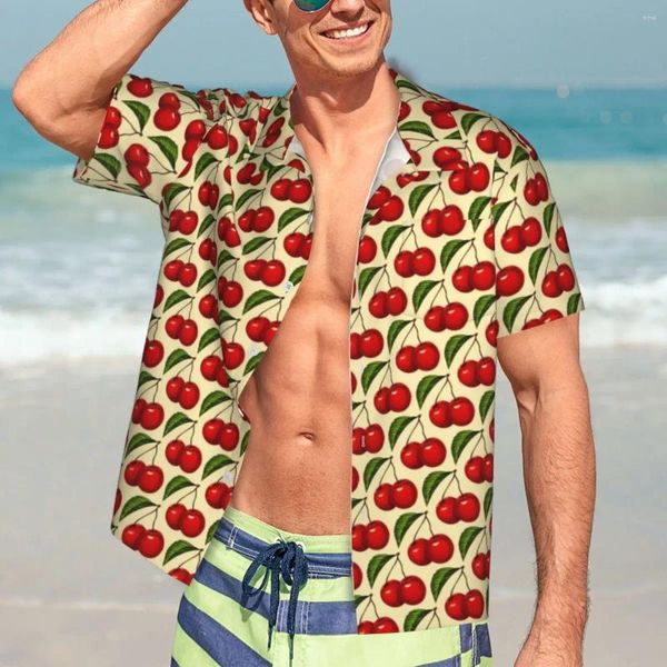 Chemises décontractées pour hommes Impression de fruits rouges Chemise hawaïenne Mâle Beach Cherry Motif à manches courtes Y2K Funny Custom DIY Trendy Blouses surdimensionnées