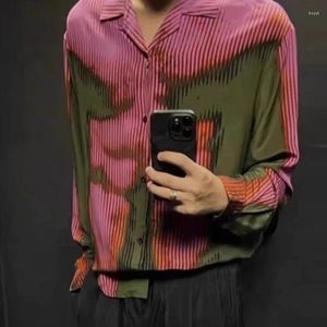 Men's Casual Shirts Red Green Gradient Color Human Body Image Print Patchwork Men Women Couple Style Streetwear Y2k Art Trend Shirt
