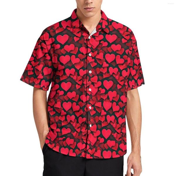 Camisas informales para hombre, camisa con estampado de corazones rojos, blusas Vintage hawaianas holgadas para vacaciones de San Valentín, ropa de gran tamaño con gráfico de manga corta