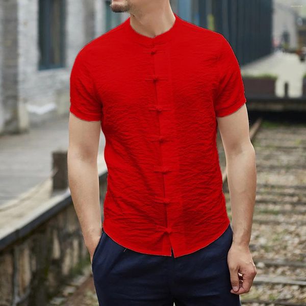 Chemises décontractées pour hommes Blouses en lin rouge Vêtements de style chinois Costume Tang Tops à manches courtes Henley Chemise vintage pour hommes Tees
