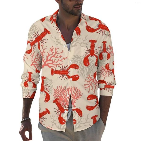 Chemises décontractées pour hommes Homards rouges Chemise drôle Mâle Corail côtier Automne Blouses rétro à manches longues Vêtements surdimensionnés personnalisés