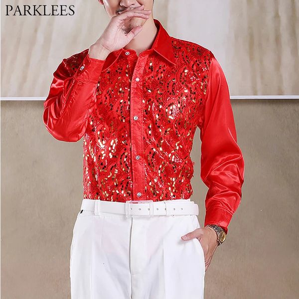 Chemises décontractées pour hommes Chemise à paillettes rouges Hommes à manches longues boutonnée scène robe de bal chemises hommes danse hôte chorus chemise mâle chemise homme 2XL 231130