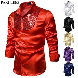 Chemises décontractées pour hommes Paillettes rouges Glitter Chemise en soie Hommes Mode Stage Prom Dance Mens Robe Chemises Party Mariage Groom Satin Patchwork Chemise Mâle 231128