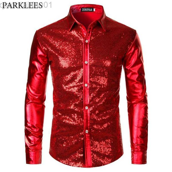 Chemises décontractées pour hommes Red Sequin Metallic Patchwork Shirt Men 2023 New 70's Disco Nightclub Sparkle Shirt Mens Halloween Party Stage Prom Come 2XL L230721