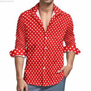 Chemises décontractées pour hommes Chemise à cœur rouge blanc à pois Saint Valentin Chemises décontractées à manches longues Graphique Y2K Blouses Automne Vintage Vêtements surdimensionnés L230721