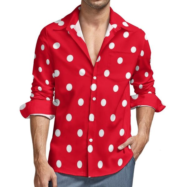 Chemises décontractées pour hommes Rouge avec chemise à pois blancs Hommes Dot Spotted Circles Street Style Blouses graphiques Tops surdimensionnés à la mode 230221