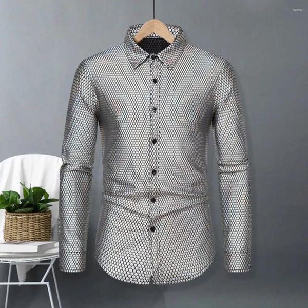 Chemises décontractées pour hommes Chemise en tissu à paillettes réfléchissantes Robe à revers à manches longues pour discothèque de luxe