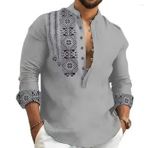 Chemises décontractées pour hommes Chemise coupe régulière Vintage Style ethnique Slim Pull à manches longues Col montant T-shirt mi-long pour le printemps