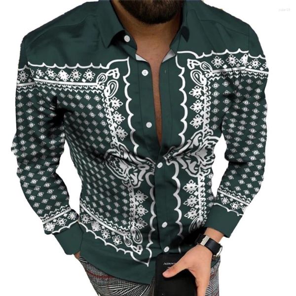 Chemises décontractées pour hommes revers régulier 1 chemise col de bande boutonné imprimé baroque vert foncé avec pour habiller