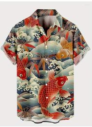 Chemises décontractées pour hommes Retro Animal Koi Match 3D Print Shirt Man Fashion Clans courtes manches bouton de revers Streetwear surdimensionnés Unisexe