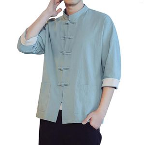 Camisas informales para hombre, camiseta de manga corta de algodón con cuello Retro, ropa Tang, placa con hebilla, camisetas de moda Hanfu con flores