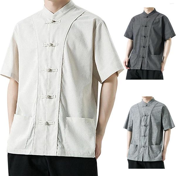 Camisas informales para hombre, camiseta de manga corta de algodón con cuello Retro, ropa Tang para hombre, hebilla de placa, ropa de calle Hanfu, arte 3d con estampado Digital