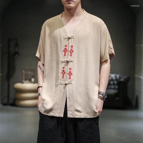 Chemises décontractées pour hommes rétro coton lin chemise à col en v été japonais brodé Harajuku boutonné à manches courtes T-shirt haut Kimono