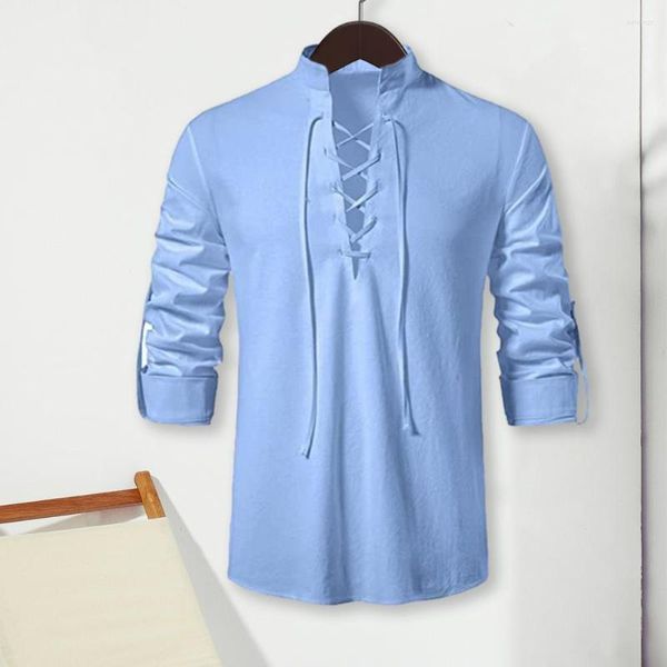 Camisas casuales para hombres Camisa de diseño retro para hombres Tops ajustados de inspiración vintage con detalles de cordones con cuello alto para una apariencia elegante