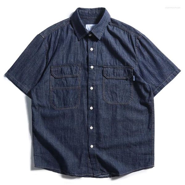 Camisas casuales para hombres Camisa de mezclilla estilo retro japonés Pareja de verano Multi bolsillos Media manga Color sólido Todo fósforo Suelto Ropa de calle simple