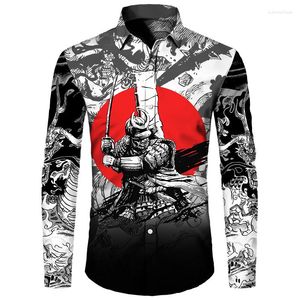 Camisas informales para hombre, ropa informal estilo Hip Hop con estampado 3D de Samurai japonés Retro para hombre, camisetas de manga larga con cuello vuelto y botones, ropa informal estilo Hip Hop