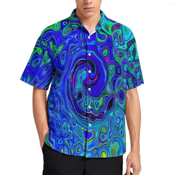 Camisas informales para hombre, blusas líquidas Retro para hombre, estampado abstracto azul, camisa hawaiana de manga corta personalizada Y2K, camisa de playa de gran tamaño, Idea de regalo