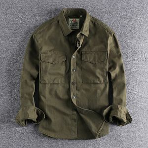 Chemises décontractées pour hommes Rétro Homme Cargo Shirt Veste Toile Coton Kaki Uniforme Militaire Travail Léger Safari Style Hommes Top Vêtements 230228