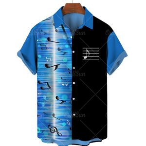 Camisas casuales para hombres Camisa retro para hombres Moda de verano suelta flor hawaiana de manga corta con un solo botón Nota musical CamiMen's