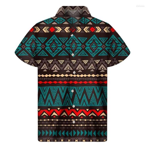 Camisas casuales para hombres Retro México Azteca Impresión 3D Hombres hawaianos Colorido Tótem étnico Gráfico Botón de solapa Camisa Calle Manga corta Blusa